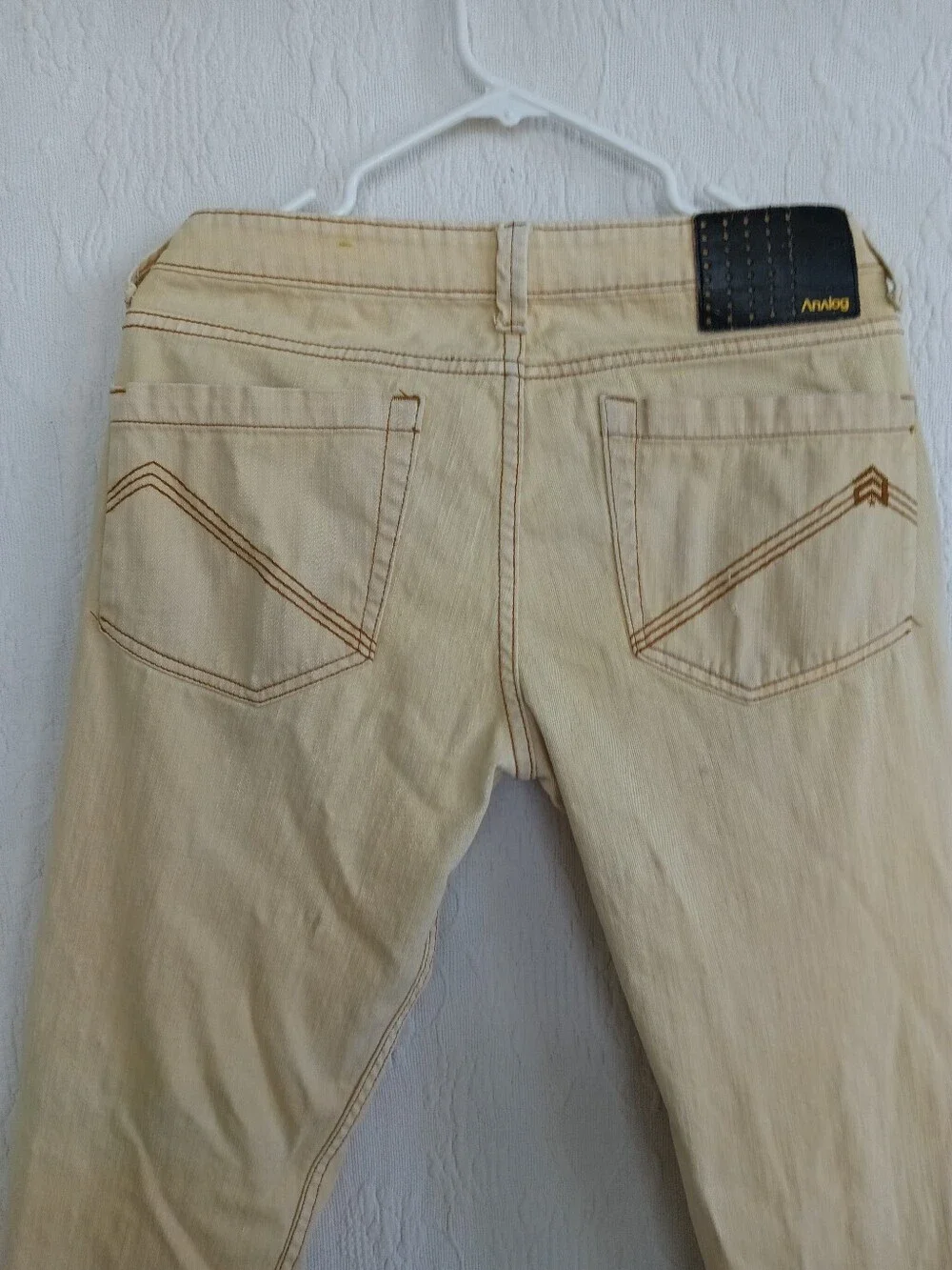 Analog Ochre Yellow Slim Straight Jeans Mid Rise Beige Tan Distressed Faded Punk
